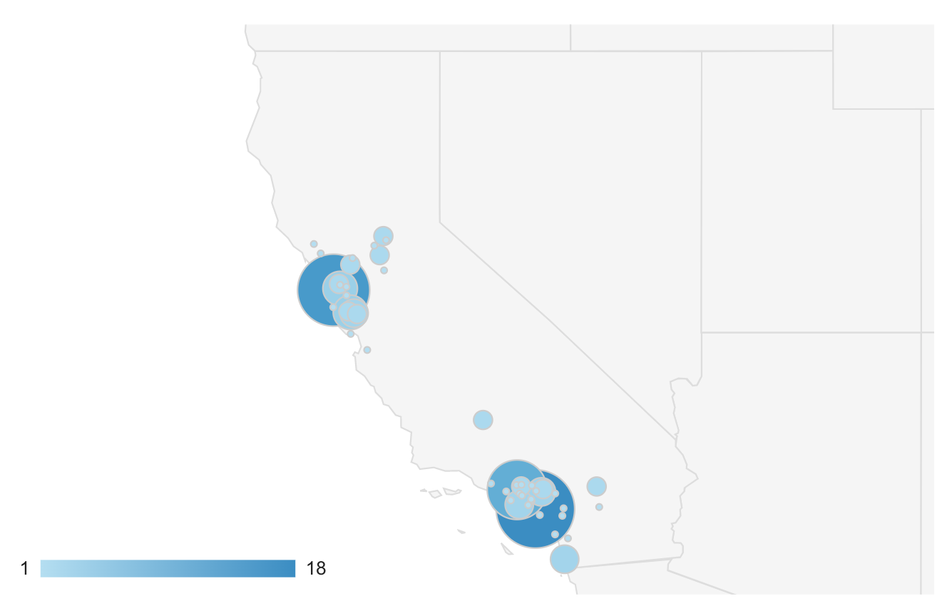 Map that shows that the majority of the users that use ChooseYourPlant in California are from Los Angeles and San Francisco.